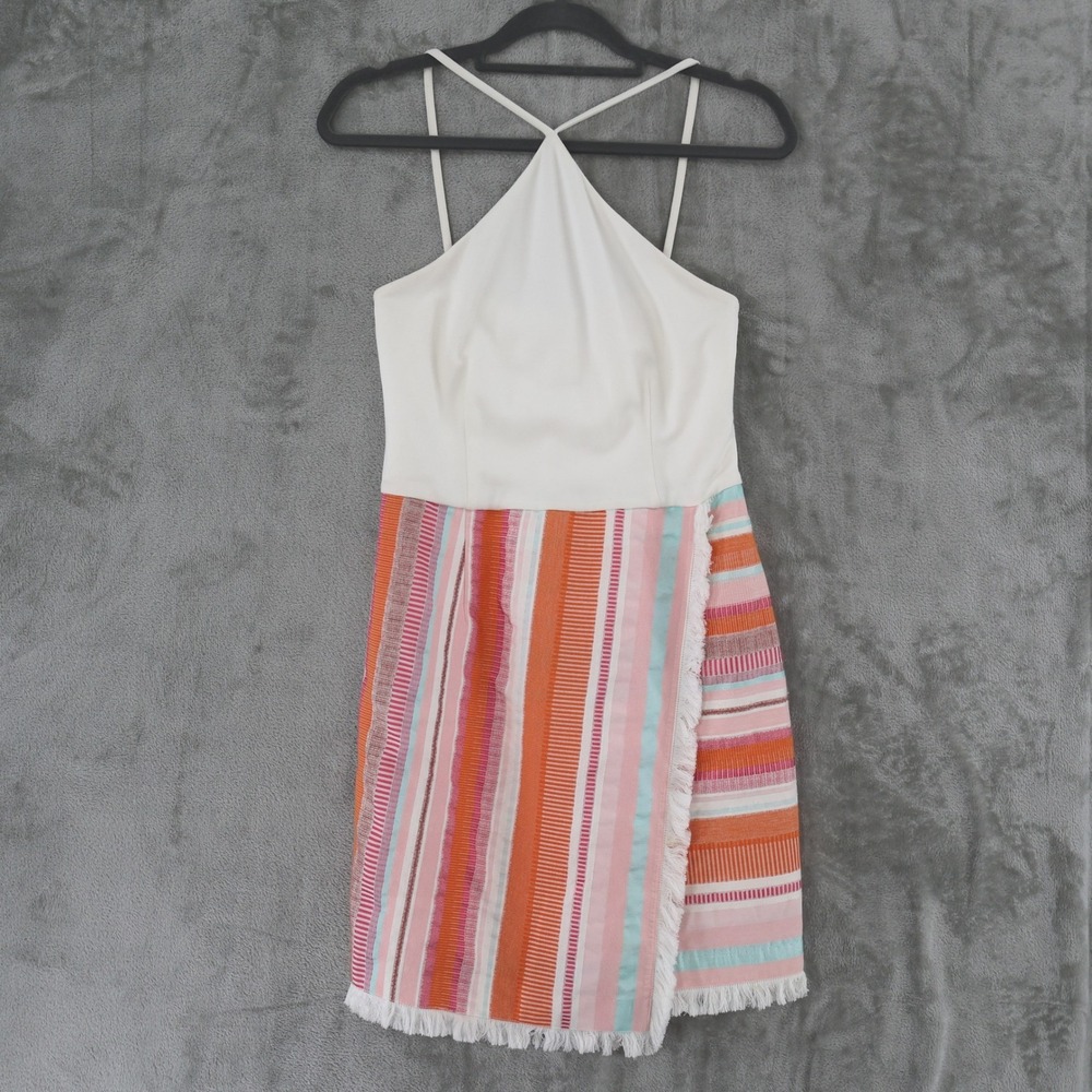 Anthropologie Hutch Halter Mini Dress Womens 6 White Striped Fringe Boho Coastal
